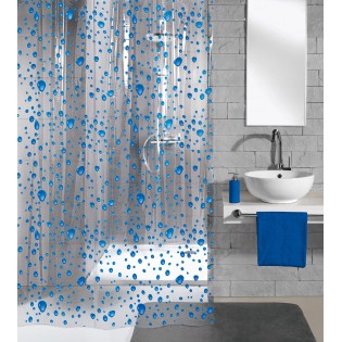 Perdea dus, plastic ecologic, 180x200cm, transparent/albastru, model buline, Bubble