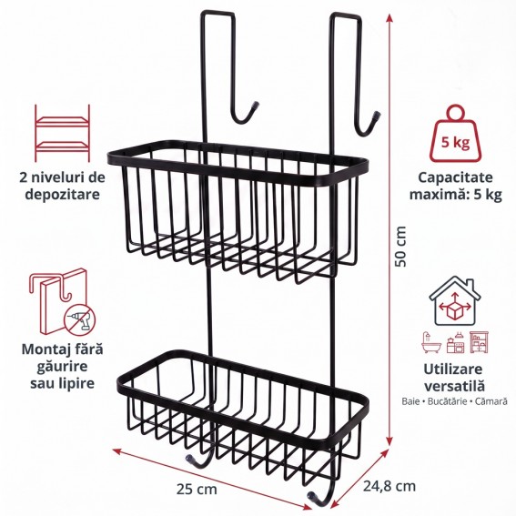 Etajera dus metalica cu agatatoare si 2 polite, Ridder, negru, 12021110