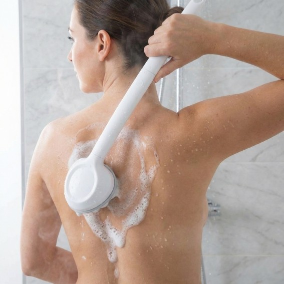 Aparat de masaj cu role, aplicator lotiune si gel de dus Ridder, maner lung, alb, A159101, Ease