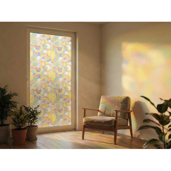 Folie geam autoadeziva, vitraliu, efect geam sablat, model geometric, multicolor/semitransparent, 67.5cmx15m, Gekkofix, Nimes