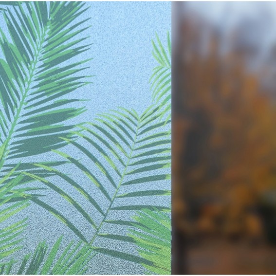 Folie geam, static/fara adeziv, efect geam sablat, frunze palmier, semitransparent/verde, 45cmx1.5m, Vénilia, Palm Leaves