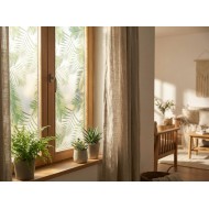 Folie geam, static/fara adeziv, efect geam sablat, frunze palmier, semitransparent/verde, 45cmx1.5m, Vénilia, Palm Leaves