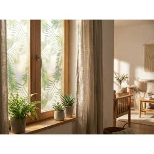Folie geam, static/fara adeziv, efect geam sablat, frunze palmier, semitransparent/verde, 45cmx1.5m, Vénilia, Palm Leaves