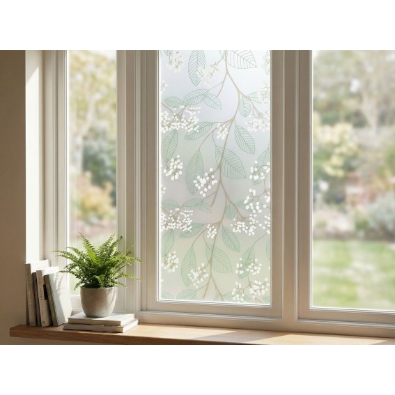 Folie geam, fara adeziv, efect geam sablat, model flori ficus, multicolor, 67.5cmx1.5m, Vénilia, Ficus