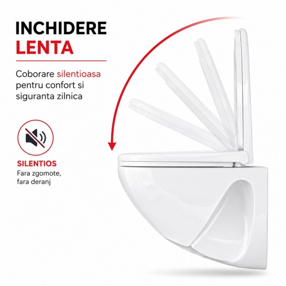 Capac WC cu inchidere lenta si sistem easy clean, alb, duroplast, Ronda