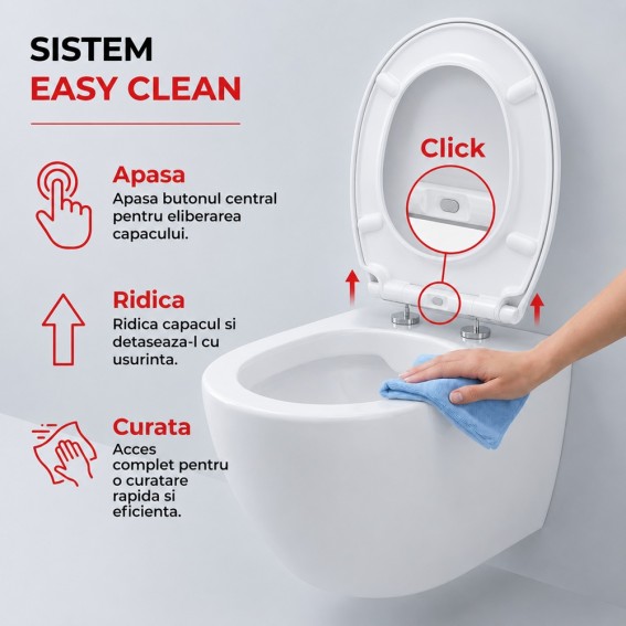 Capac WC cu inchidere lenta si sistem easy clean, alb, duroplast, Ronda