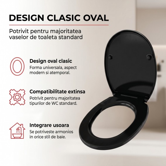 Capac WC cu inchidere lenta si sistem easy clean, negru, duroplast, Ronda