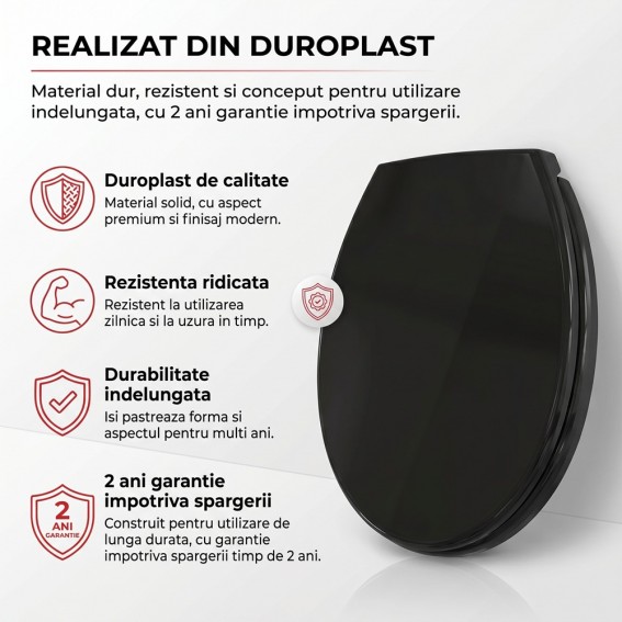 Capac WC cu inchidere lenta si sistem easy clean, negru, duroplast, Ronda