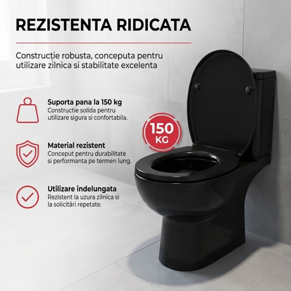 Capac WC cu inchidere lenta si sistem easy clean, negru, duroplast, Ronda
