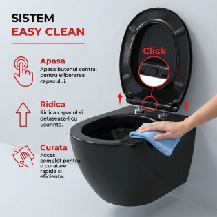 Capac WC cu inchidere lenta si sistem easy clean, negru, duroplast, Ronda