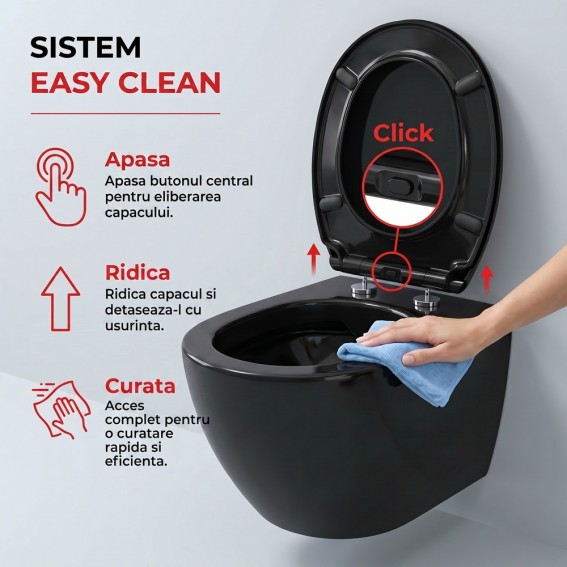 Capac WC cu inchidere lenta si sistem easy clean, negru, duroplast, Ronda