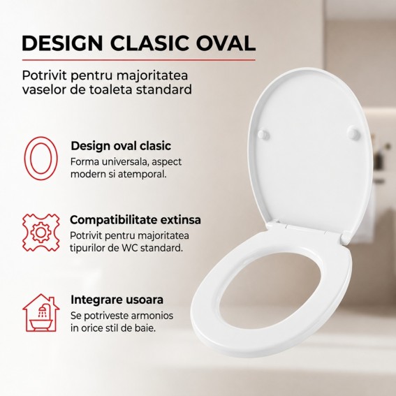 Capac WC cu inchidere lenta si sistem easy clean, alb, polipropilena, Asturia