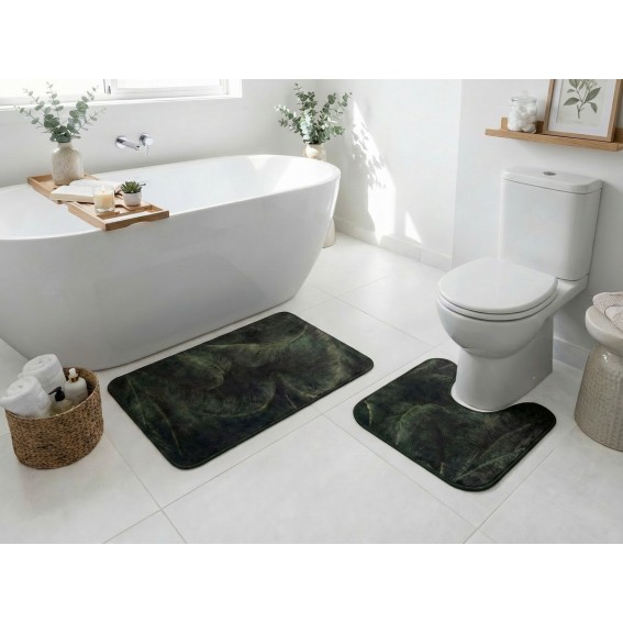 Set 2 covorase baie model frunze, Davo Pro, verde/ negru, poliamida, 50x80 cm + 50x50 cm