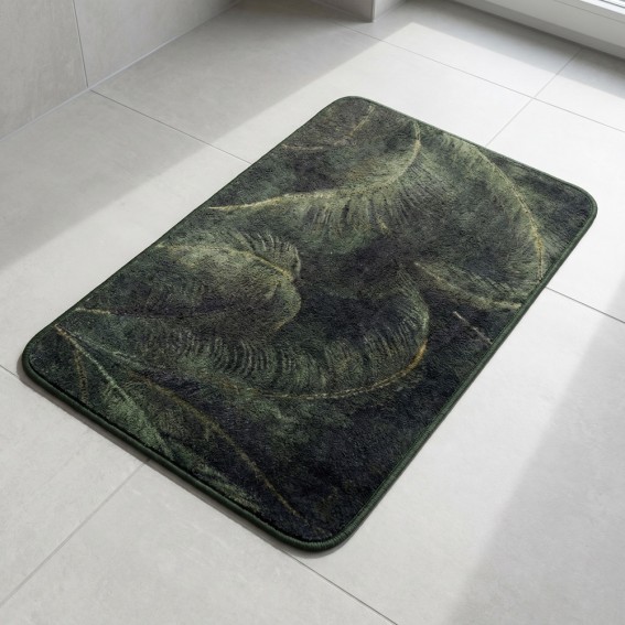 Set 2 covorase baie model frunze, Davo Pro, verde/ negru, poliamida, 50x80 cm + 50x50 cm