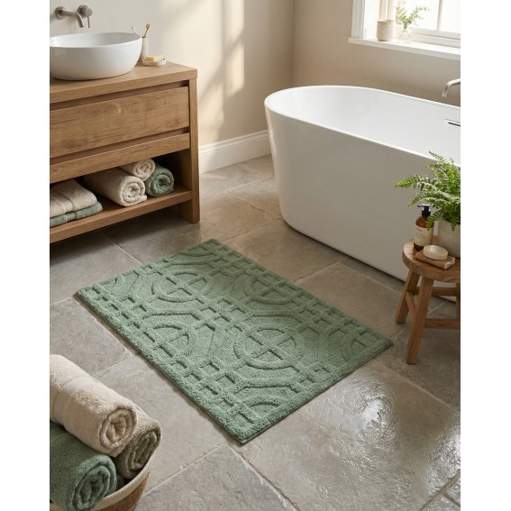 Covor baie,  60x90 cm, verde salvie, bumbac reciclat, model abstract, Mosaic, Kleine Wolke
