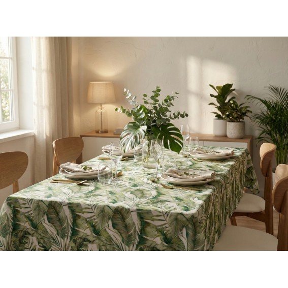 Fata de masa din material textil, imitatie frunze verzi, 50% bumbac 50% poliester, 140x180 cm, Davo Pro Drill Monstera Clasic