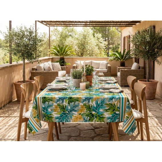 Fata de masa din material textil, imitatie frunze multicolore, 140x180 cm, 50% bumbac 50% poliester, Davo Pro Drill Monstera Elegant