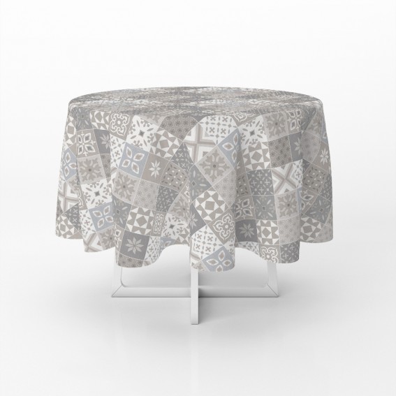 Fata de masa rotunda musama, model faianta in stil marocan, 160 cm, alb/bej, PVC, Dolce Vita
