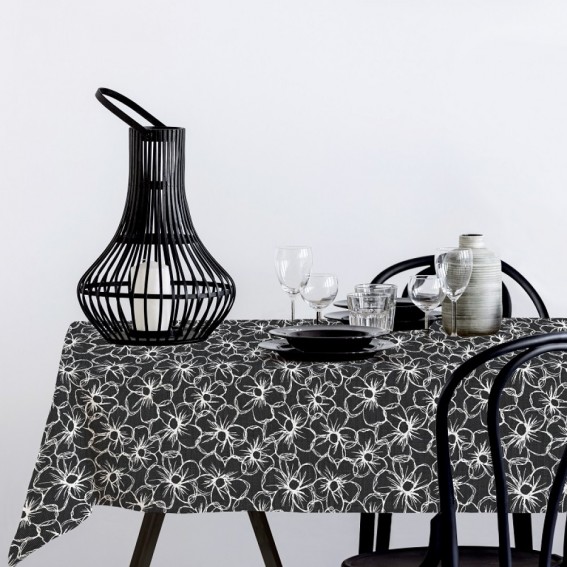 Fata de masa musama, 120cmx160cm, negru, model flori albe, pvc, Carbonio Bianco