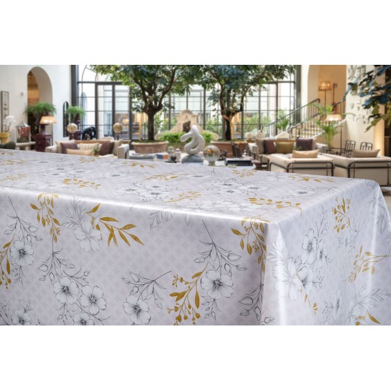 Fata de masa musama, 140cmx20m, gri/alb, model floral, pvc, Bottigelli