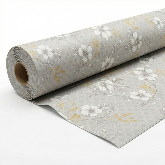Fata de masa musama, 140cmx20m, gri/alb, model floral, pvc, Bottigelli