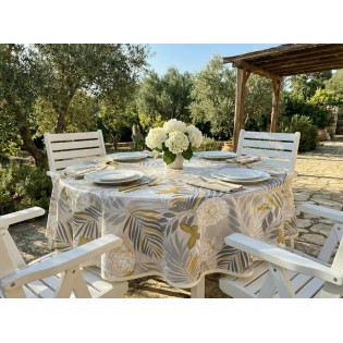 Fata de masa musama rotunda, frunze palmier si flori de bujor, 140 cm, multicolor, PVC, Dolce Vita
