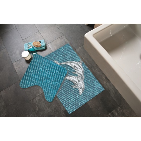 Covorase baie antiderapante, set 2 buc, 48x80cm + 48x48cm, model delfini, 3D, albastru, spuma PVC, Dolphin
