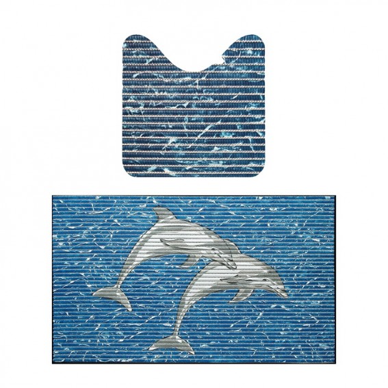 Covorase baie antiderapante, set 2 buc, 48x80cm + 48x48cm, model delfini, 3D, albastru, spuma PVC, Dolphin