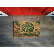 Covoras intrare dreptunghiular, fibra naturala cocos, 40x70cm, antiderapant, model frunze monstera, Cocco Stamp