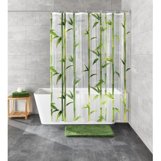 Perdea dus, plastic ecologic, 180x200cm, transparent/verde, model bambus, Bambu
