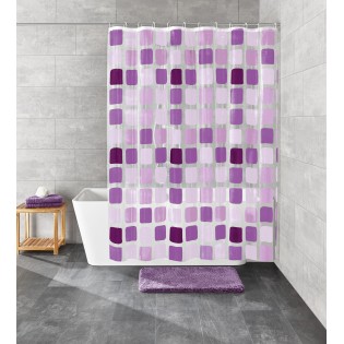 Perdea dus, plastic ecologic, 180x200cm, model patrate, transparent/mov, Sonny