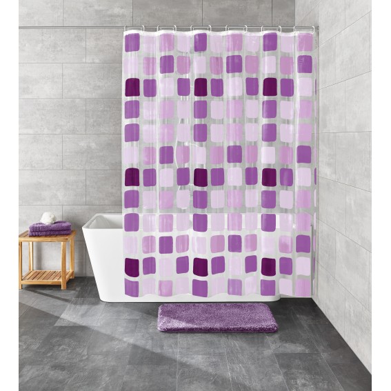 Perdea dus, plastic ecologic, 180x200cm, model patrate, transparent/mov, Sonny