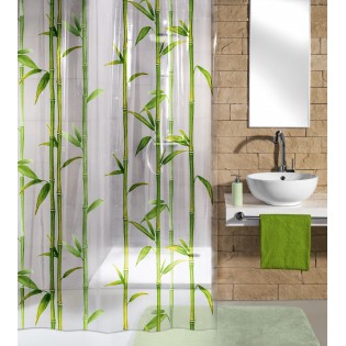Perdea dus, plastic ecologic, 180x200cm, transparent/verde, model bambus, Bambu