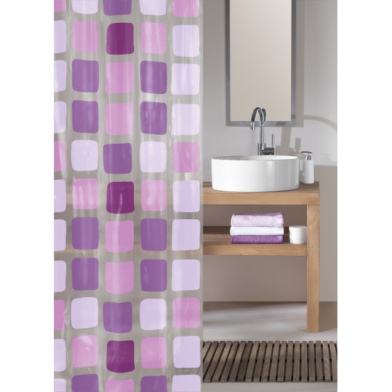 Perdea dus, plastic ecologic, 180x200cm, model patrate, transparent/mov, Sonny