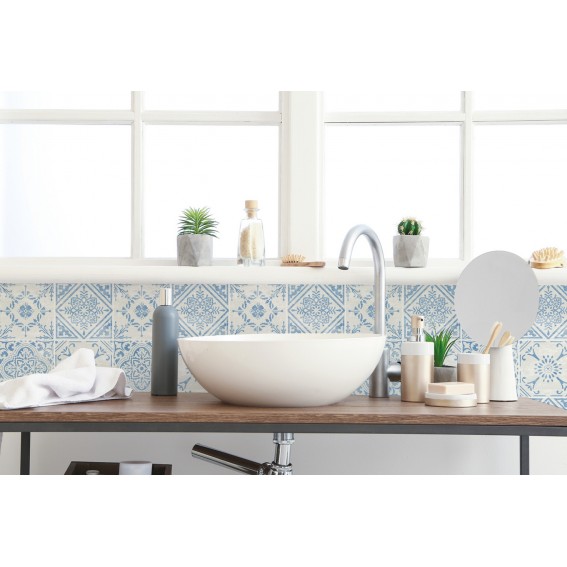 Placi decorative autoadezive perete, faianta stil vintage, alb/ bleu, 30,5x30,5 cm, acoperire 0,55mp, set 6 buc, d-c-Fix
