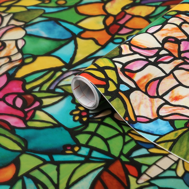 Autocolant vitraliu d-c-Fix Tulia, efect geam sablat, model floral, multicolor, 45cmx15m