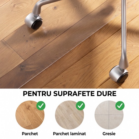 Protectie pardoseala pentru scaun de birou, parchet si suprafete dure, Duragrip Meta, PET, antiderapanta, transparenta, 90 x 120 cm
