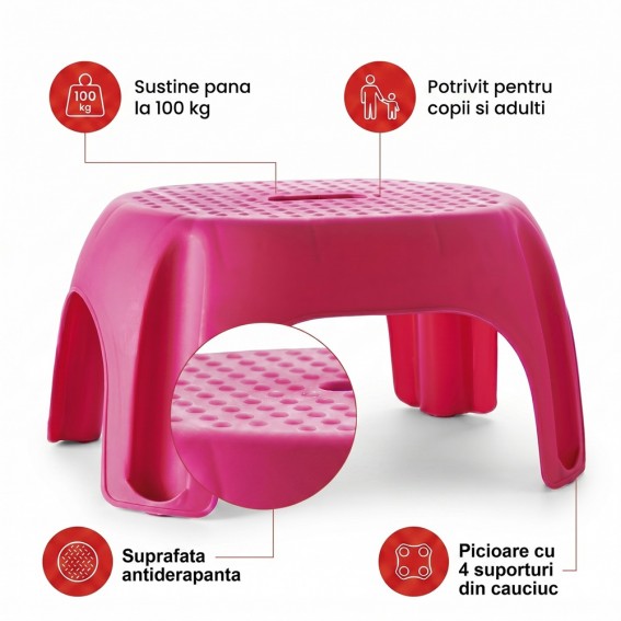 Scaun baie tip treapta copii/adulti, roz, antiderapant, sustine maxim 100Kg, A1102613, Ridder, Fun