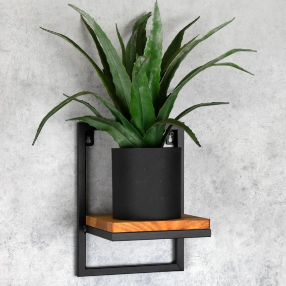 Suport ghiveci flori, 23x20x30cm, metal negru + polita stejar, Lens S