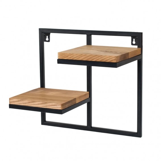 Etajera flori, 2 ghivece, 38.5x20x35cm, polite metal negru + stejar, Lens M