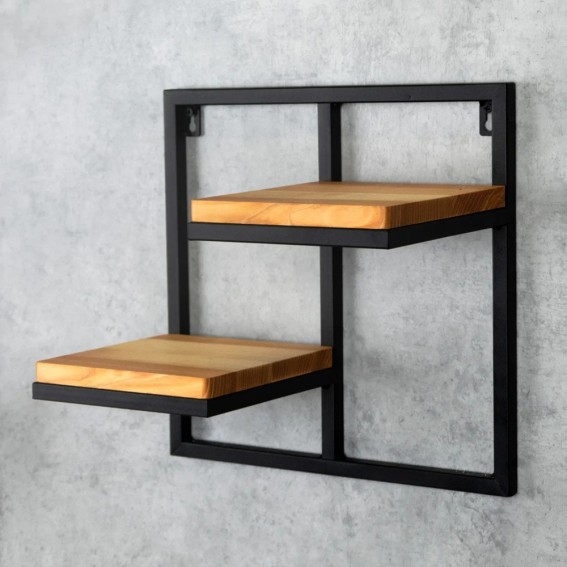Etajera flori, 2 ghivece, 38.5x20x35cm, polite metal negru + stejar, Lens M