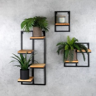 Etajera flori, 4 ghivece, 38.5x20x79.5cm, metal negru + polite stejar, Lens L