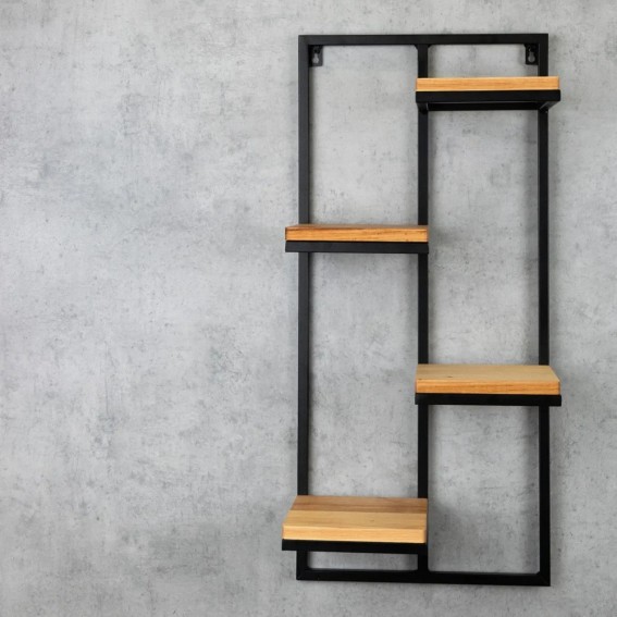 Etajera flori, 4 ghivece, 38.5x20x79.5cm, metal negru + polite stejar, Lens L