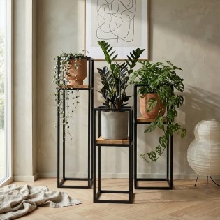 Suport ghiveci flori, 23x23x60cm, metal negru + polita stejar, Anet S