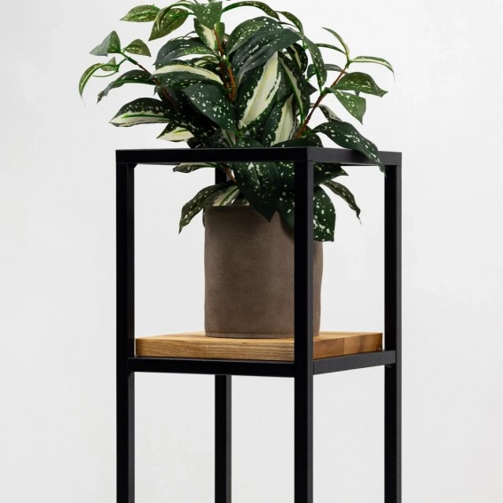 Suport ghiveci flori, 23x23x60cm, metal negru + polita stejar, Anet S