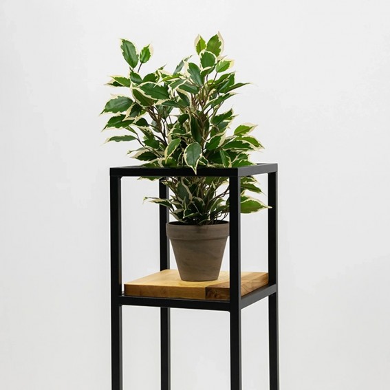 Suport ghiveci flori, 23x23x75cm, metal negru + polita stejar, Anet M