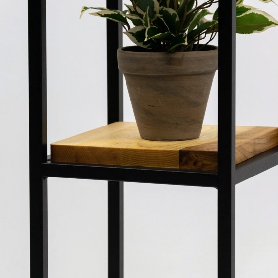 Suport ghiveci flori, 23x23x75cm, metal negru + polita stejar, Anet M