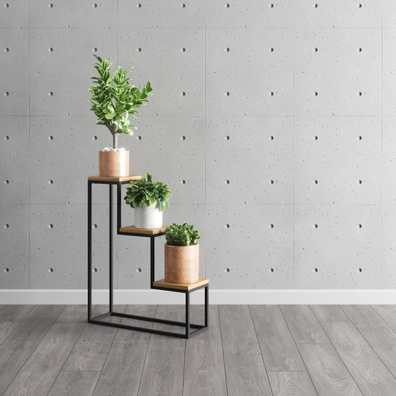 Suport ghivece flori, 60x20x112cm, 3 polite metal negru + stejar, Nicea L