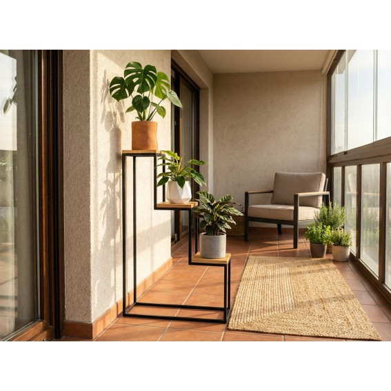Suport ghivece flori, 60x20x112cm, 3 polite metal negru + stejar, Nicea L