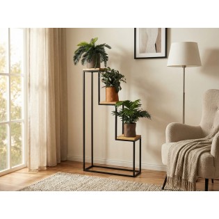 Suport ghivece flori, 60x20x112cm, 3 polite metal negru + stejar, Nicea L